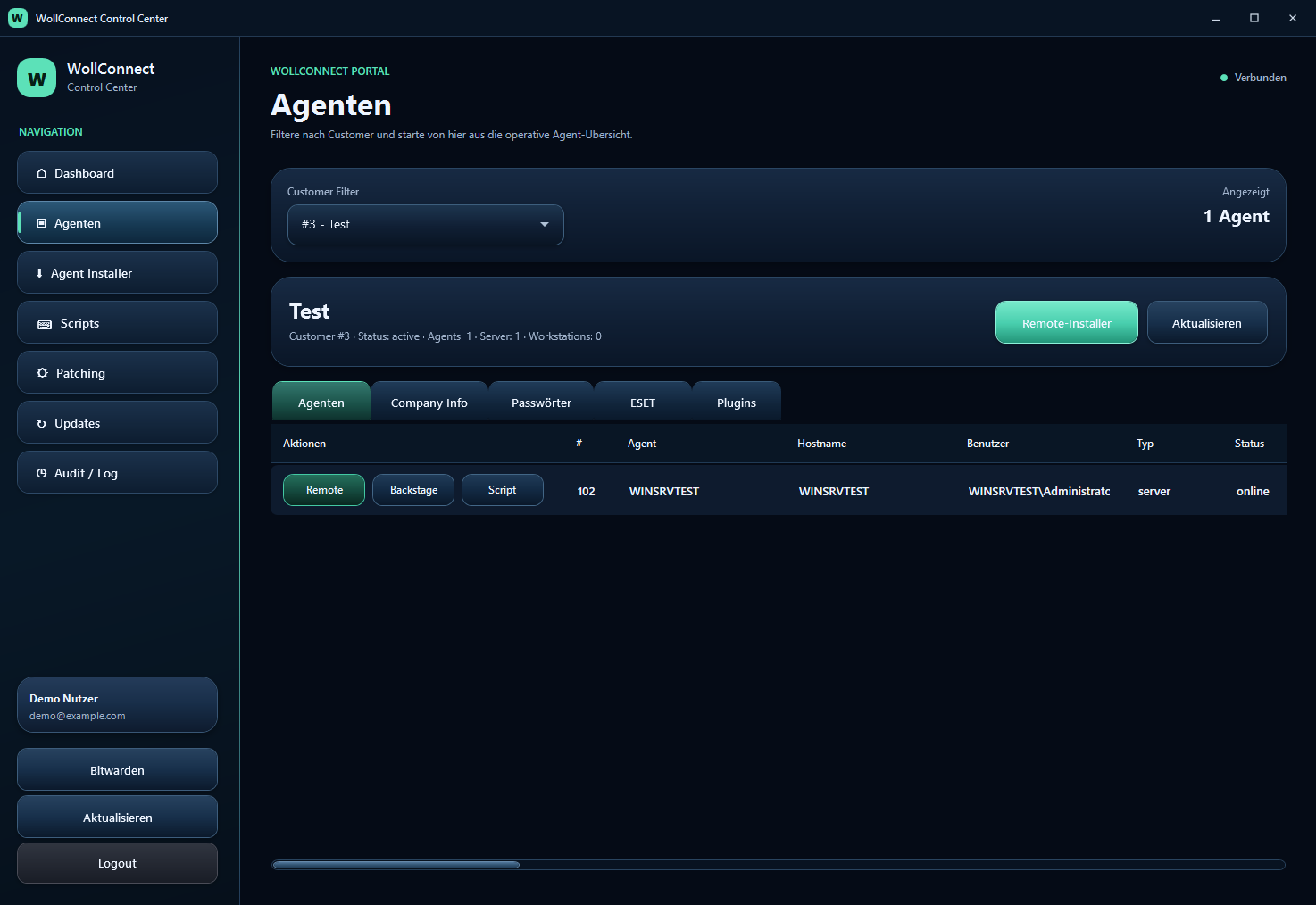 Geräteliste im WollConnect Control Center mit Knöpfen für Remote, Backstage und Script je Gerät.