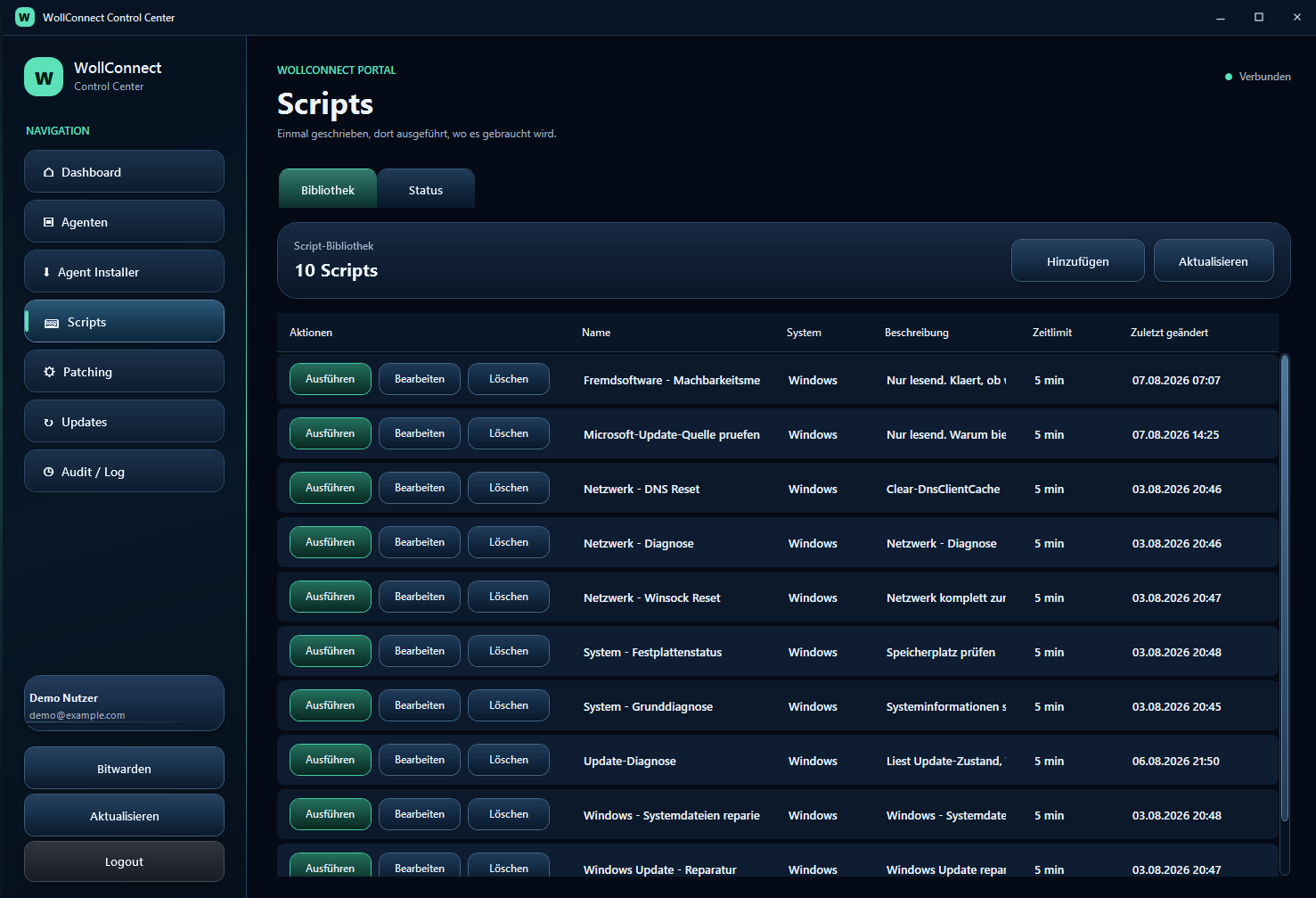 Script-Bibliothek im WollConnect Control Center als Tabelle mit Name, System, Beschreibung, Zeitlimit und Datum der letzten Änderung.