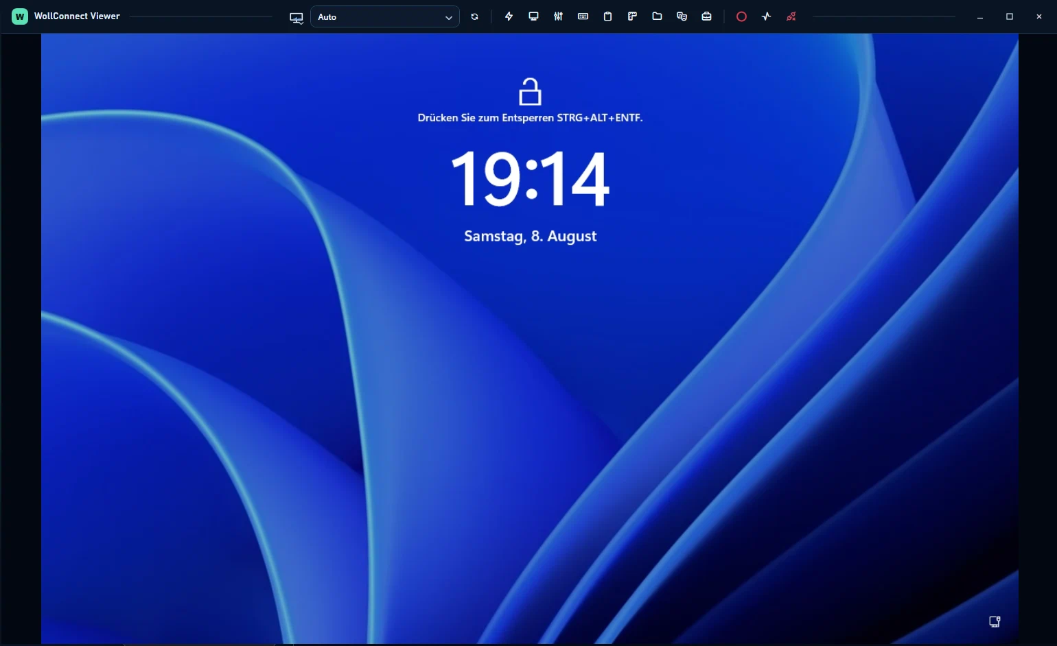 WollConnect Viewer zeigt den Windows-Anmeldebildschirm eines entfernten Servers.
