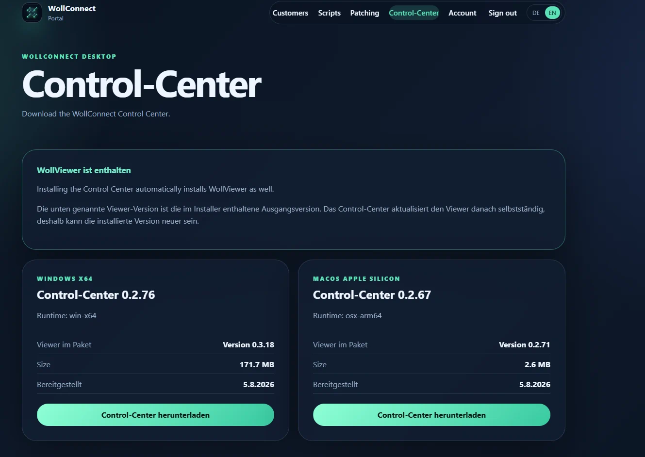 Downloadseite des WollConnect Control Centers im Portal mit je einem Paket für Windows x64 und macOS Apple Silicon samt enthaltener Viewer-Version.