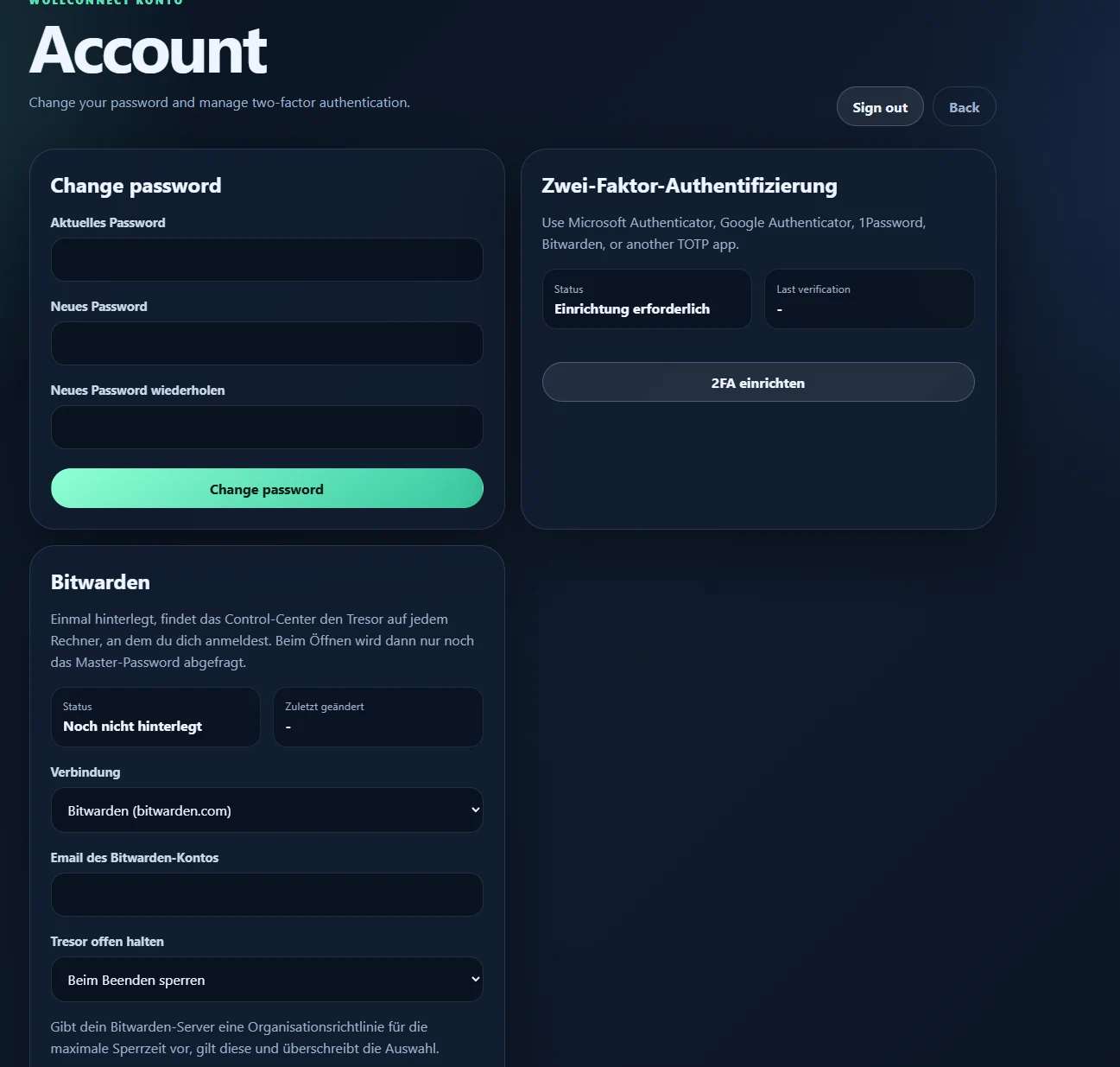 Kontoseite im WollConnect Portal mit Passwortwechsel, Zwei-Faktor-Authentifizierung über eine TOTP-App und der Anbindung an einen Bitwarden-Tresor.