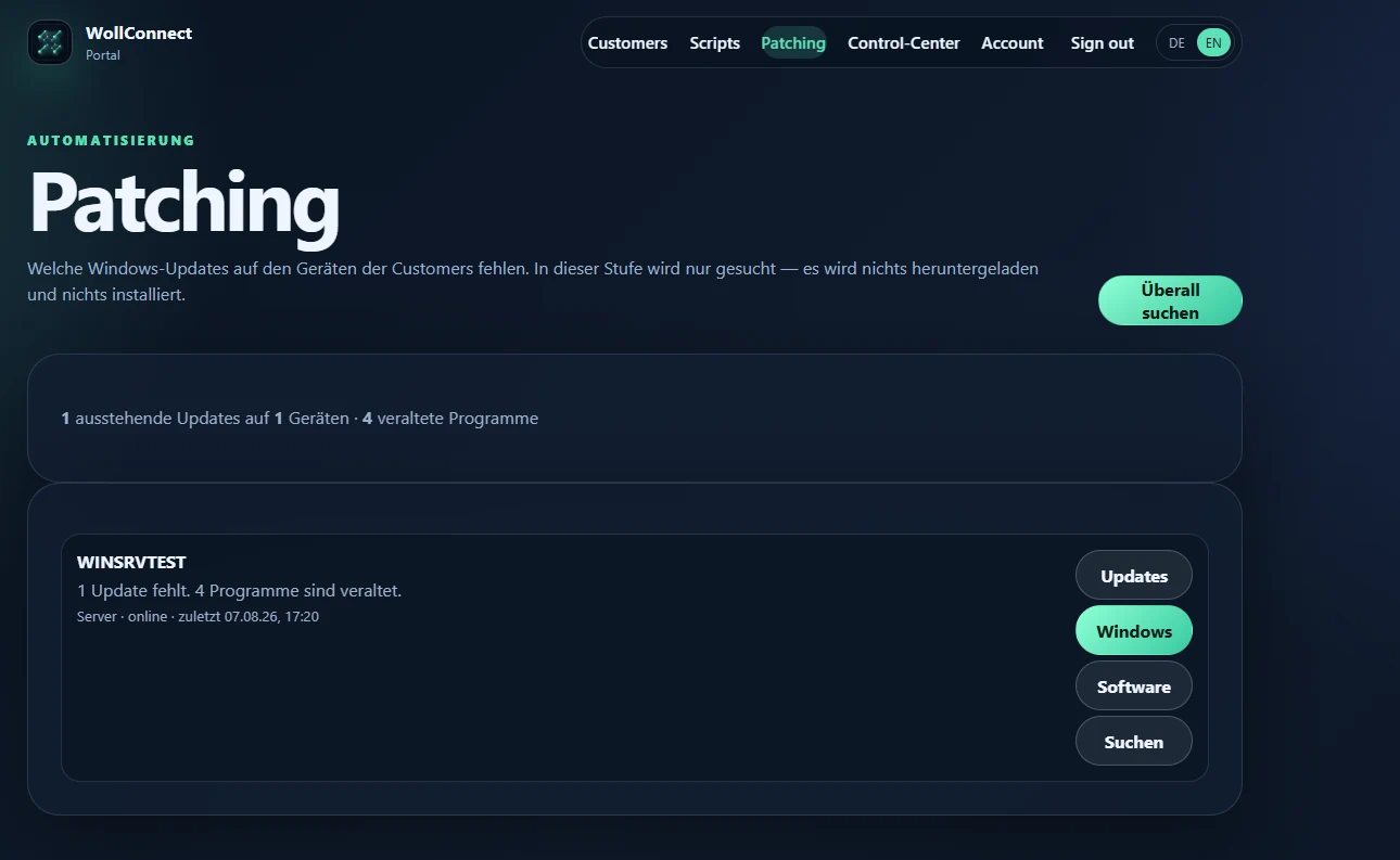 Patching-Ansicht im WollConnect Portal mit fehlenden Windows-Updates und veralteten Programmen.